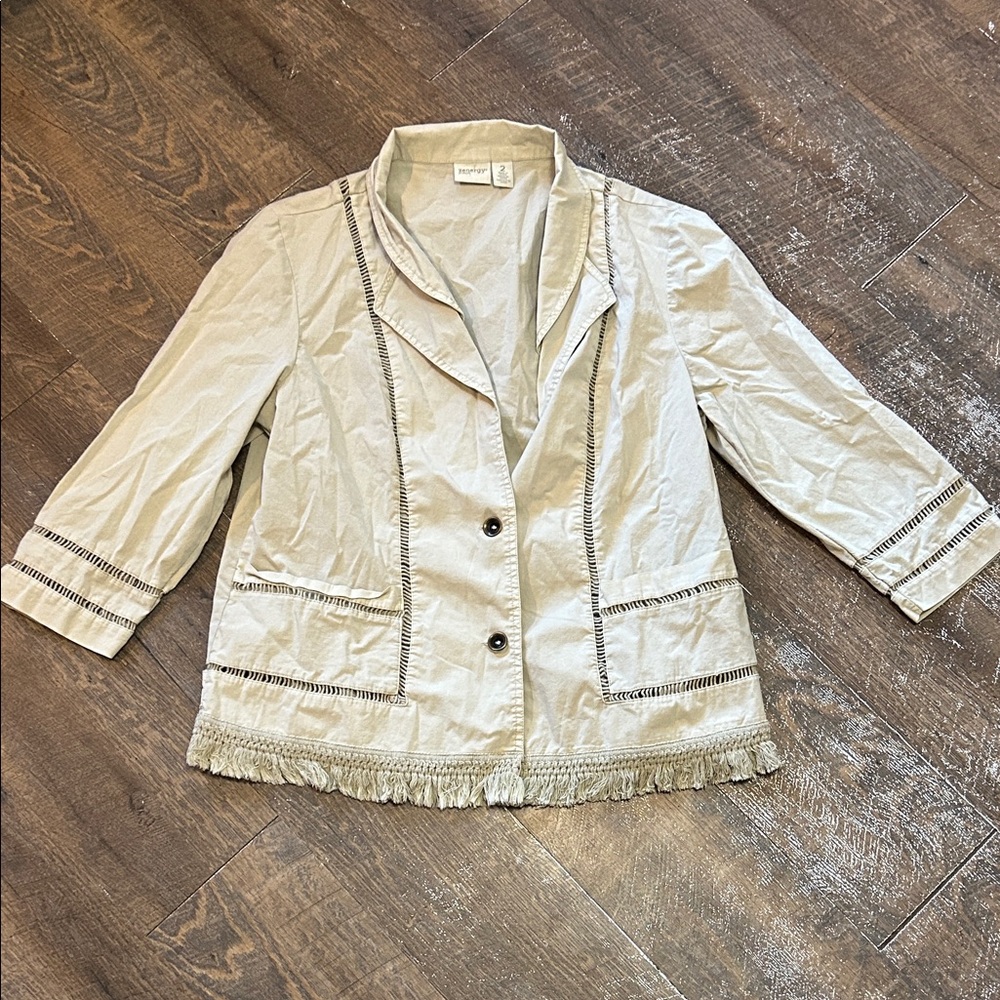 Zenergy By Chico’s Women’s Fringe Blazer Jacket Size 2 Color Tan 3/4 Sleeve